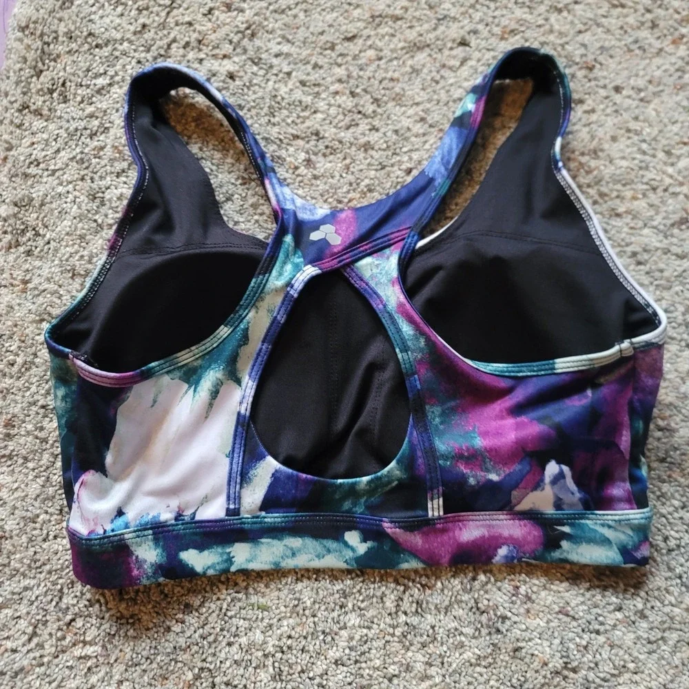 Tek Gear Womens Watercolor Abstract Racerback Sports Bra Purple Teal Blue Large